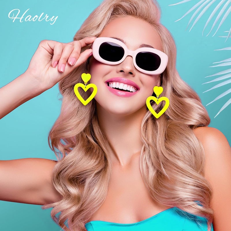 HOLYRY Neon Heart Earrings for Women Acrylic Neon Earrings 80s 90s Outfit for Women Glow Party Accessories Gifts Hot Pink Orange Green Yellow - Image 4